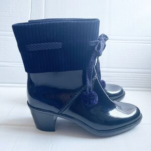 Marc Jacobs Womens Blue Ankle Heeled Rain Boots Pompom Ties Sz 7